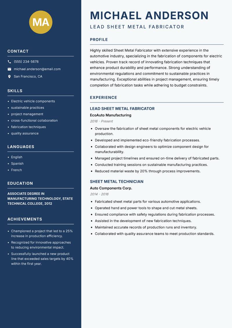 Sheet Metal Fabricator Resume Preview Example