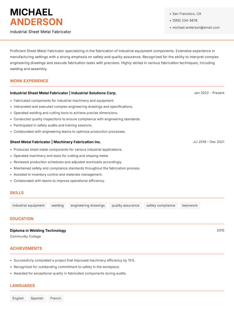 Sheet Metal Fabricator Resume Template