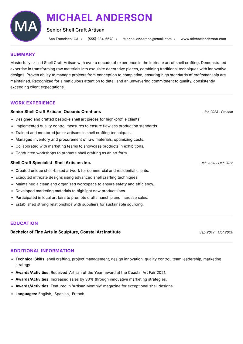 Shell Craft Artisan Resume Preview Example
