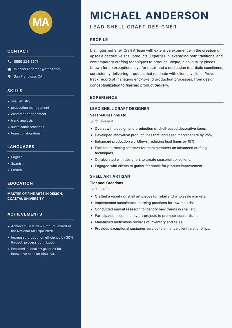 Shell Craft Artisan Resume Preview Example