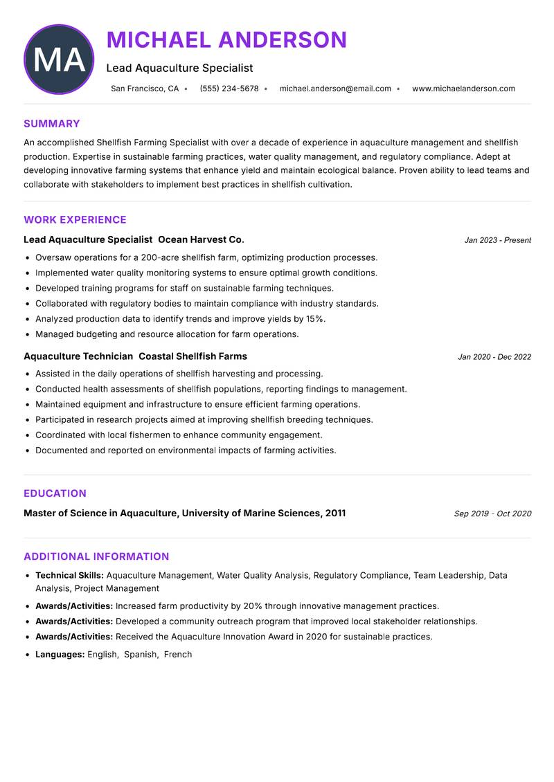 Shellfish Farming Specialist Resume Preview Example