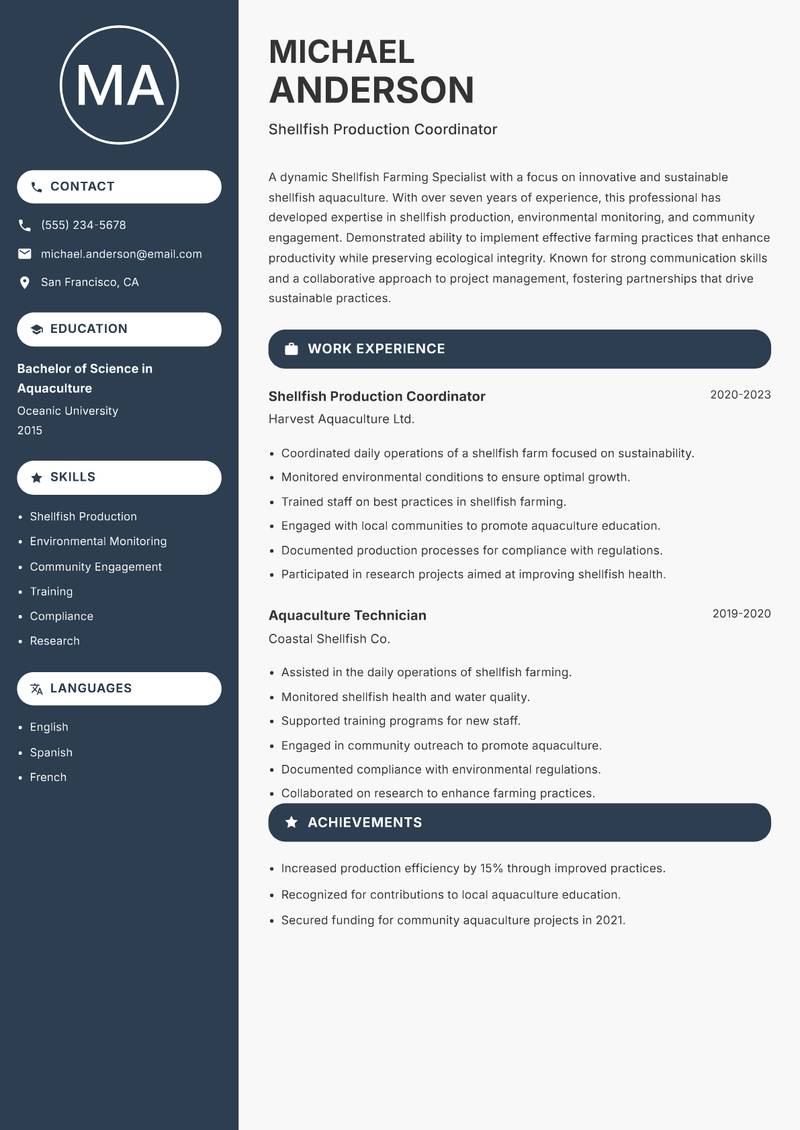 Shellfish Farming Specialist Resume Preview Example