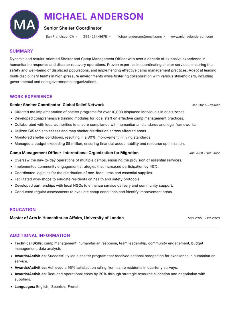 Shelter and Camp Management Officer Resume Preview Example