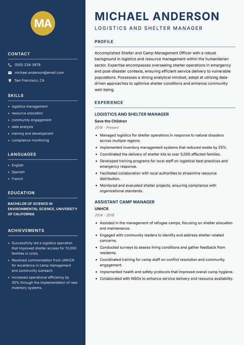 Shelter and Camp Management Officer Resume Preview Example