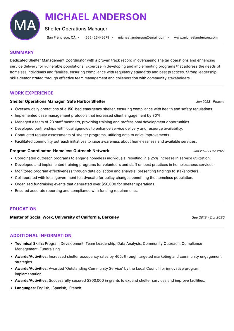 Shelter Management Coordinator Resume Preview Example