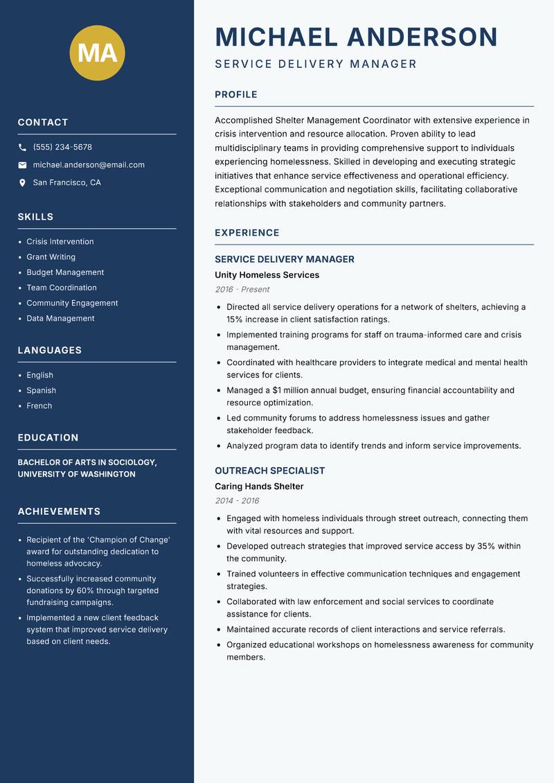 Shelter Management Coordinator Resume Preview Example
