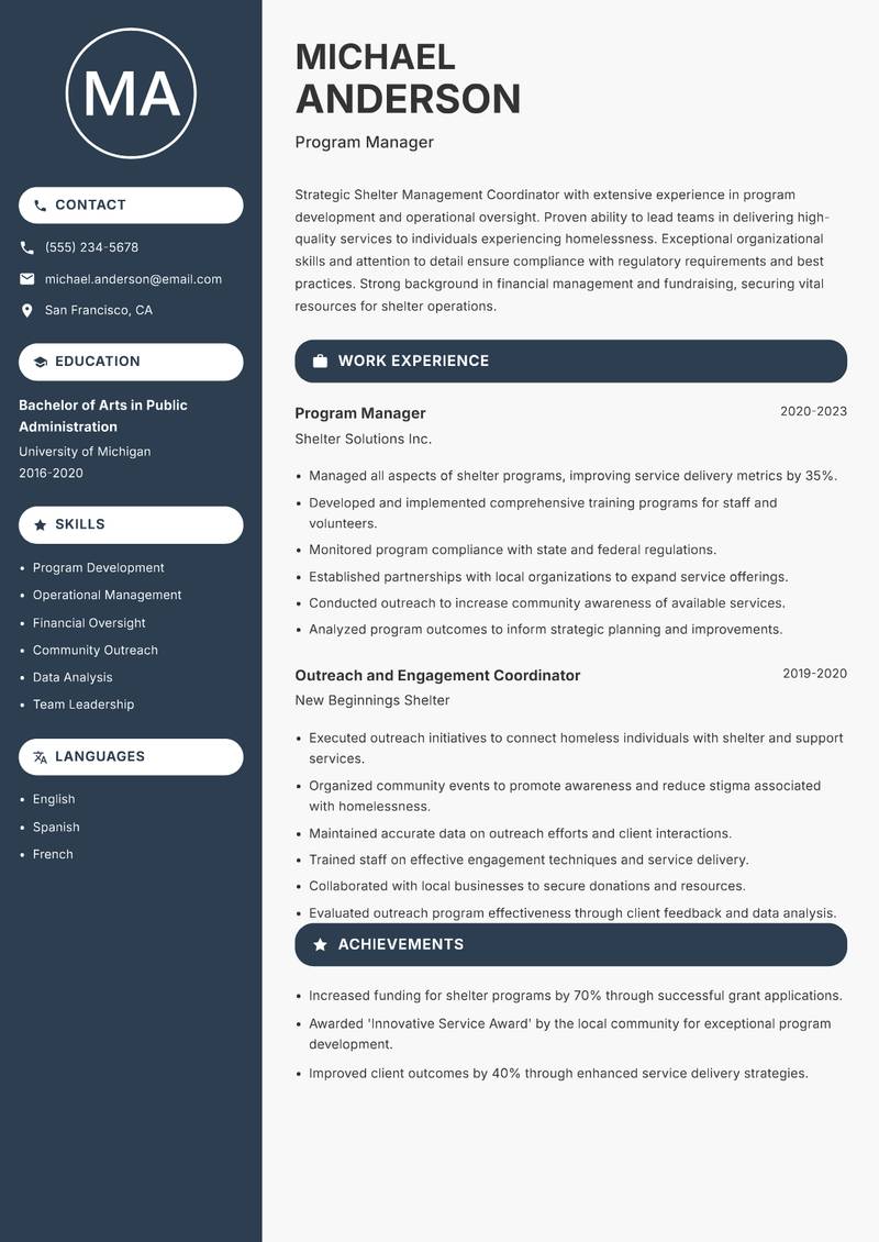Shelter Management Coordinator Resume Preview Example