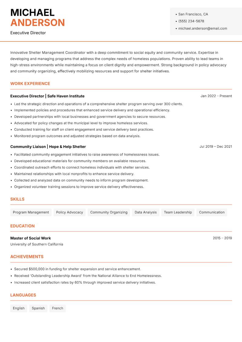 Shelter Management Coordinator Resume Template