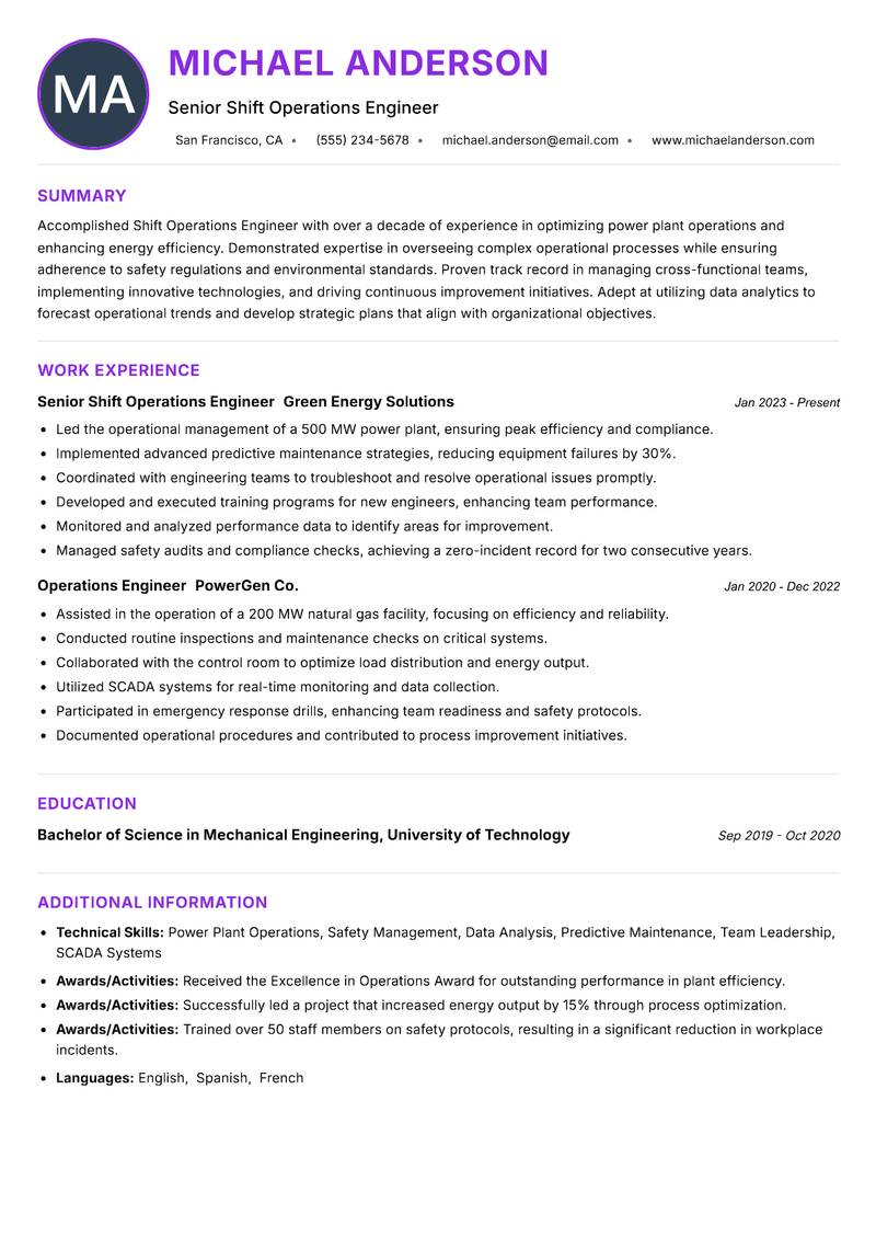 Shift Operations Engineer Power Plant Resume Preview Example