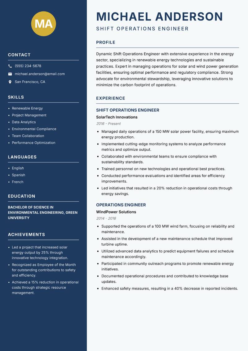 Shift Operations Engineer Power Plant Resume Preview Example