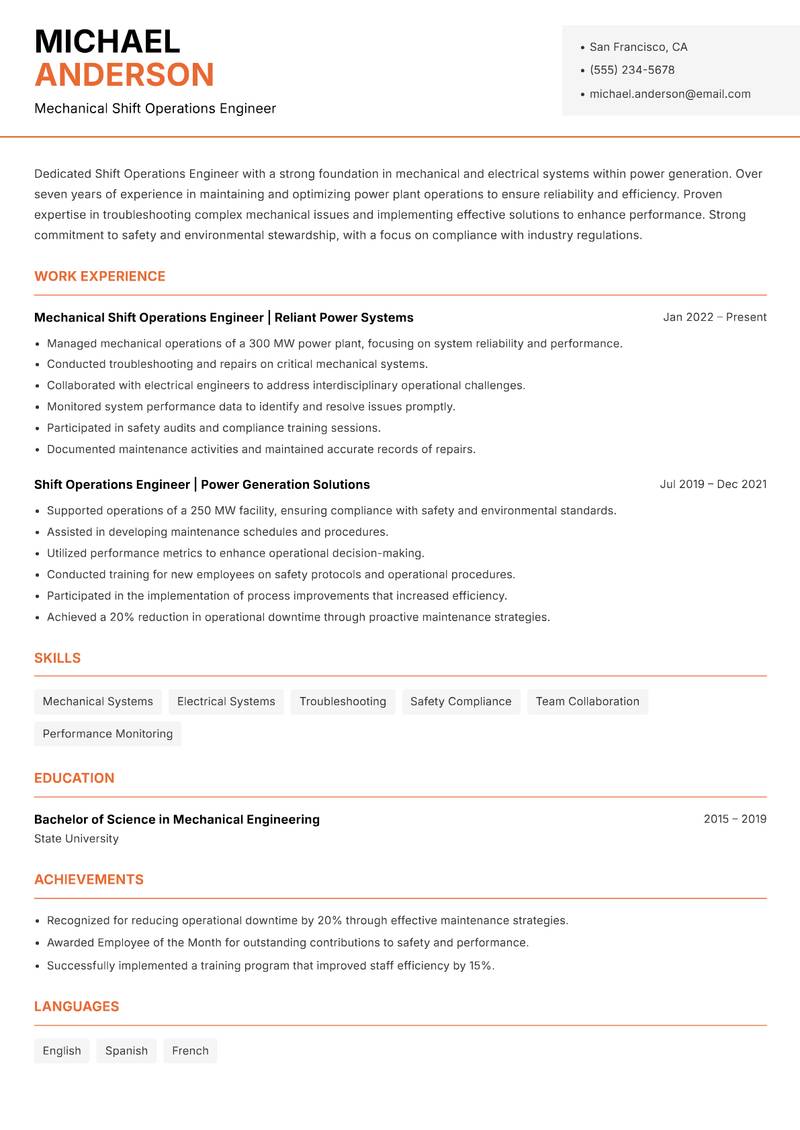 Shift Operations Engineer Power Plant Resume Template