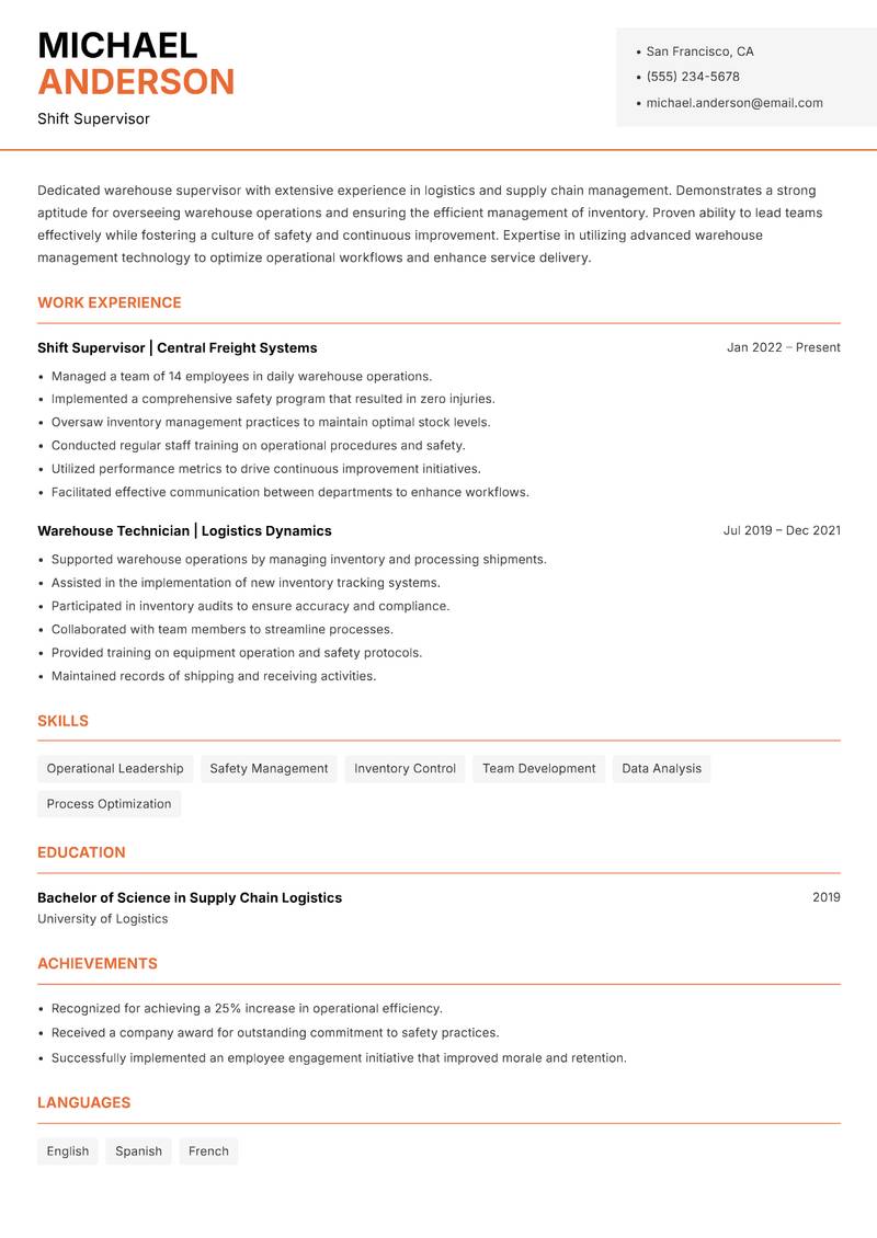 Shift Supervisor Warehouse Resume Template