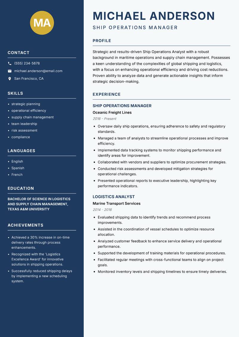 Ship Operations Analyst Resume Preview Example