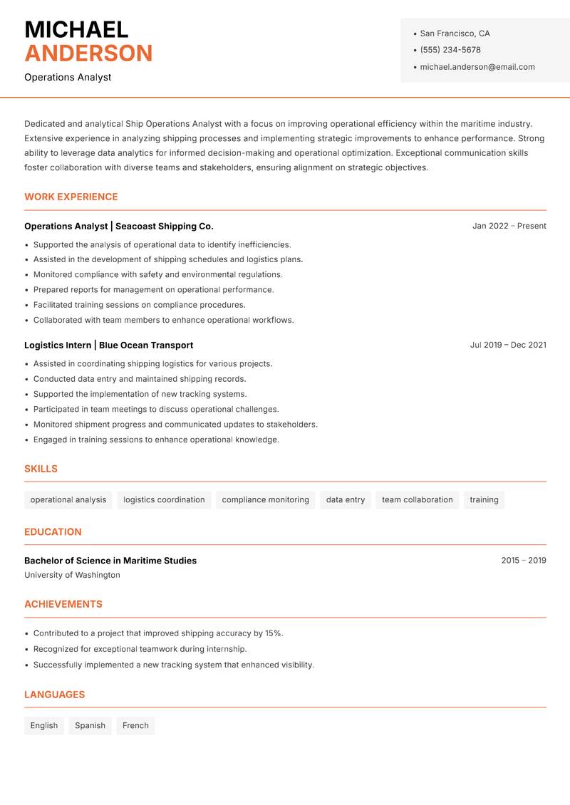 Ship Operations Analyst Resume Template