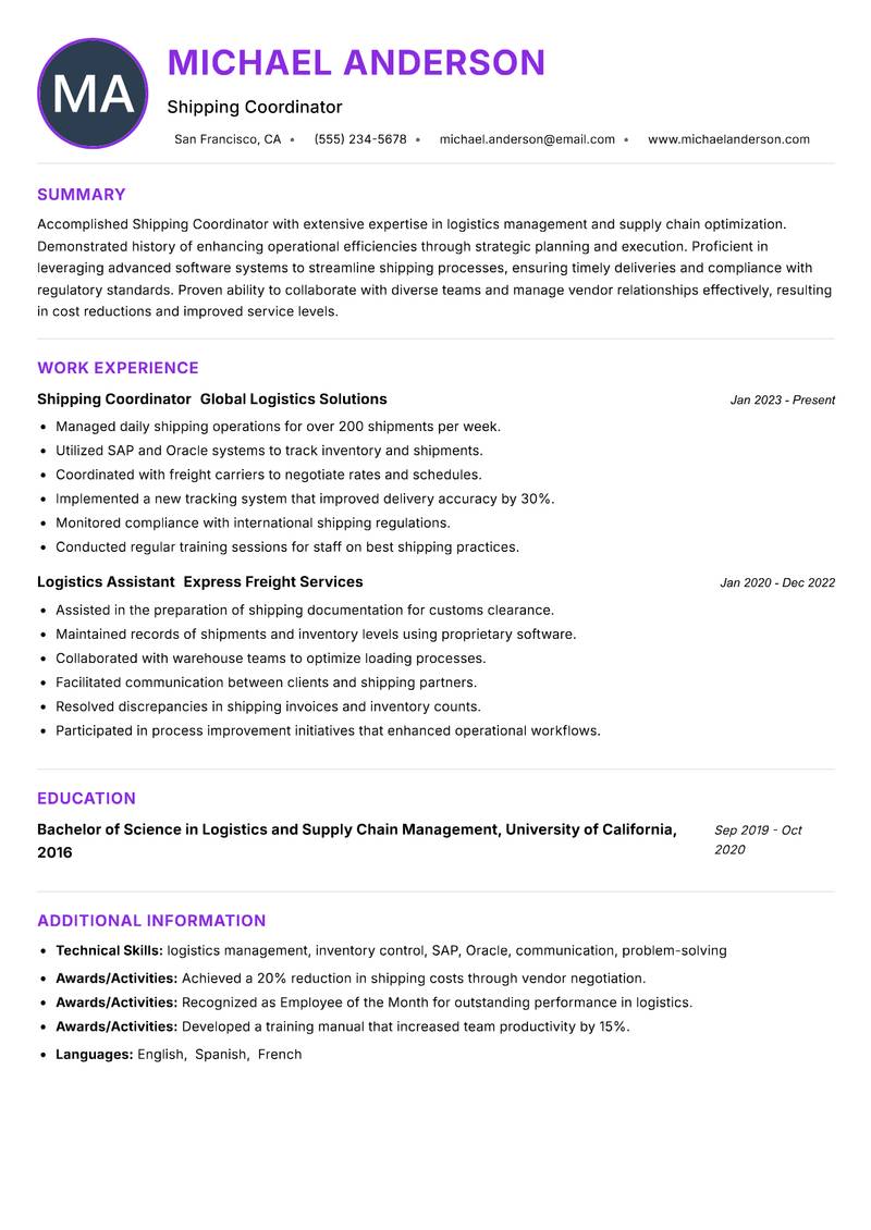 Shipping Coordinator Resume Preview Example