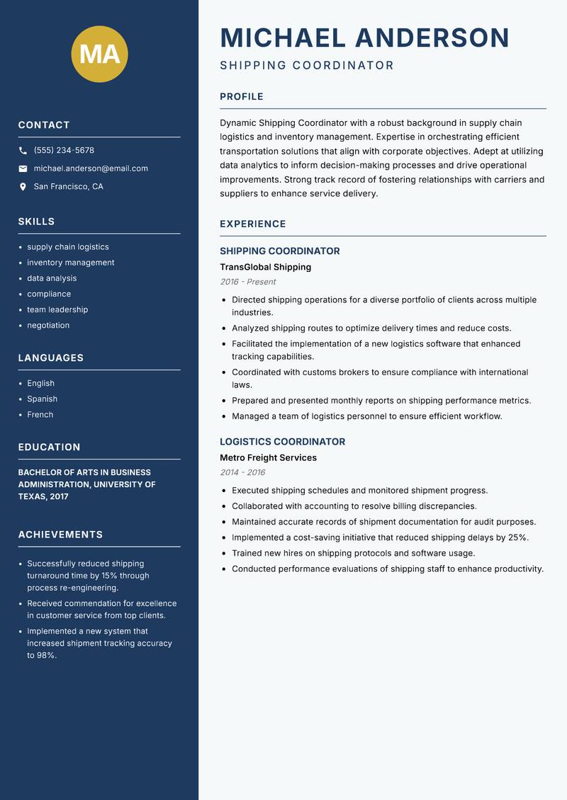Shipping Coordinator Resume Preview Example