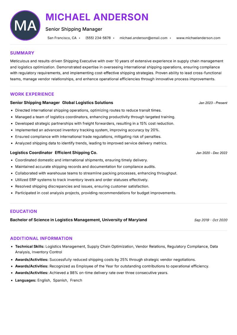 Shipping Executive Resume Preview Example