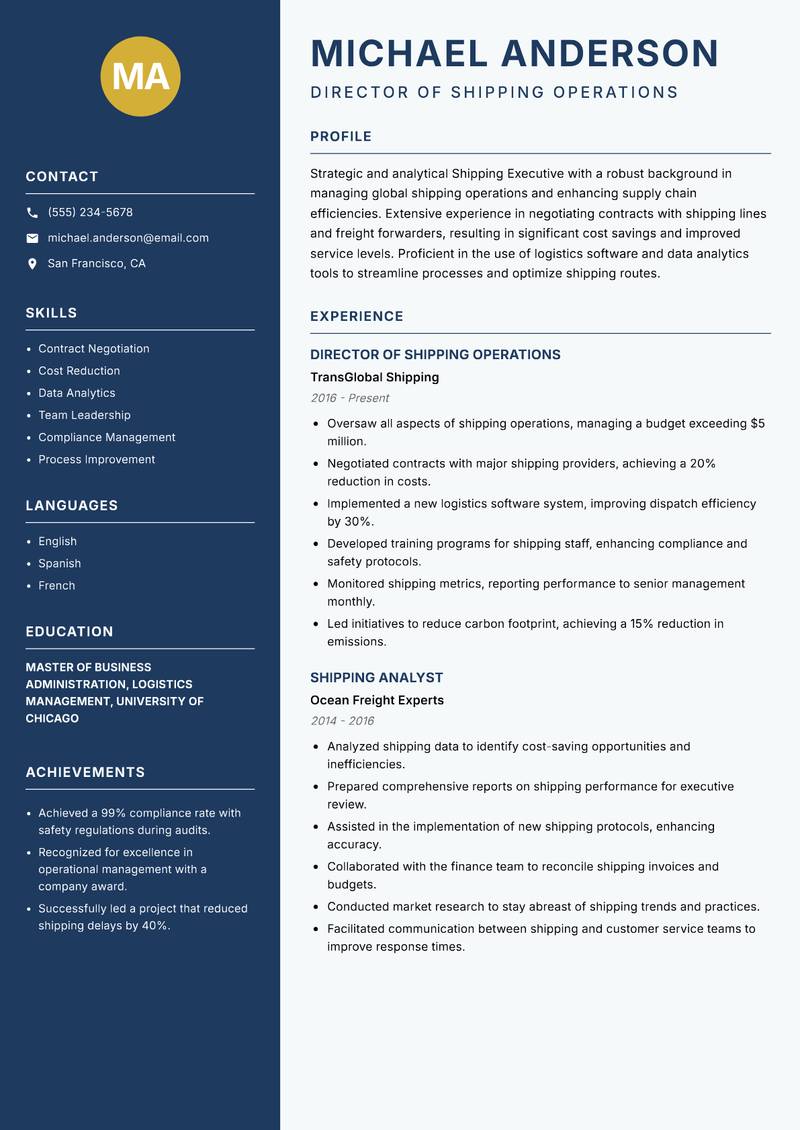 Shipping Executive Resume Preview Example