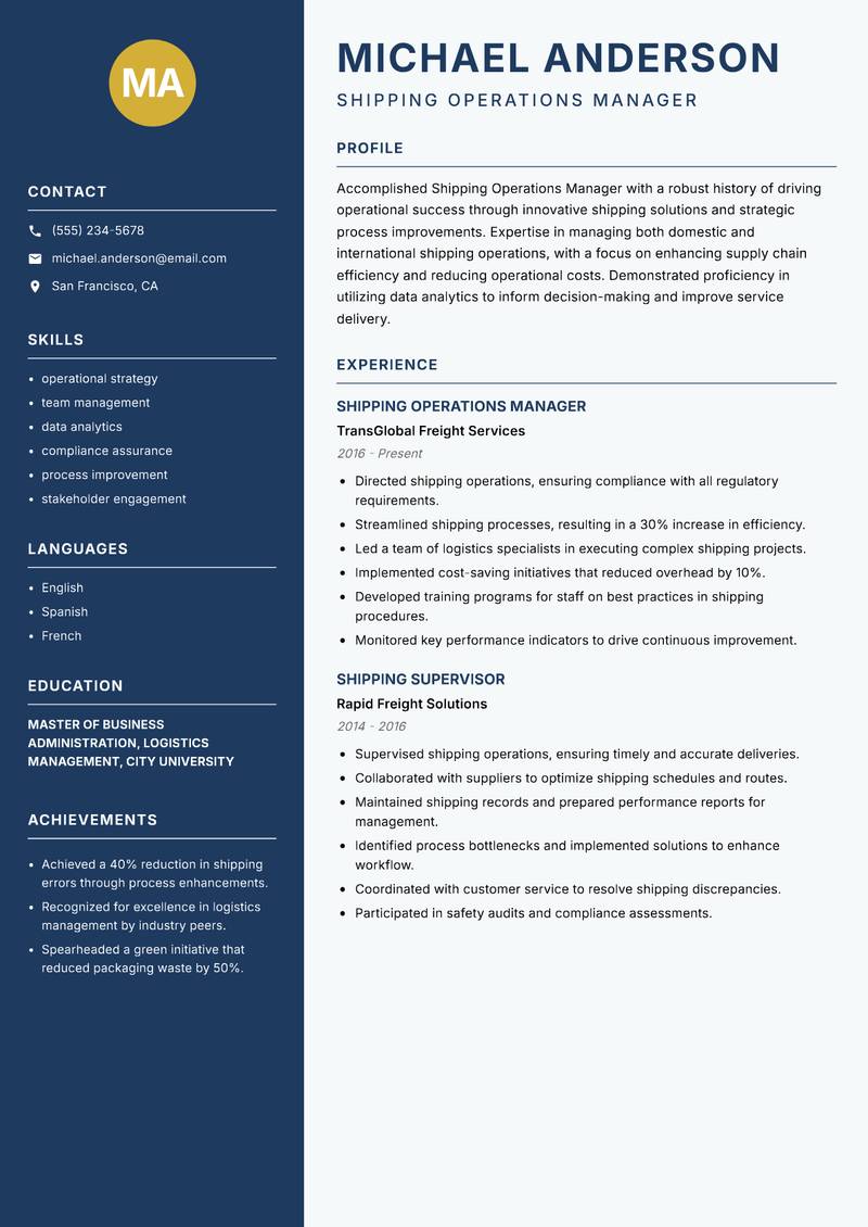 Shipping Operations Manager Resume Preview Example