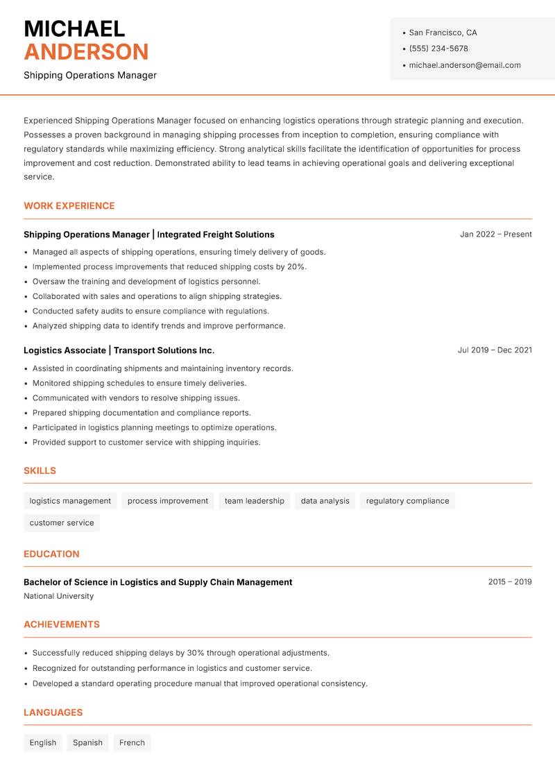 Shipping Operations Manager Resume Template