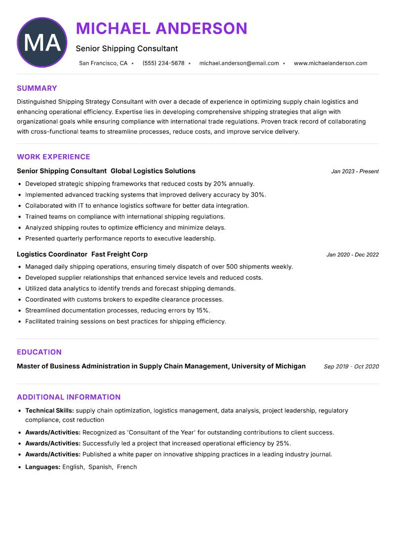 Shipping Strategy Consultant Resume Preview Example