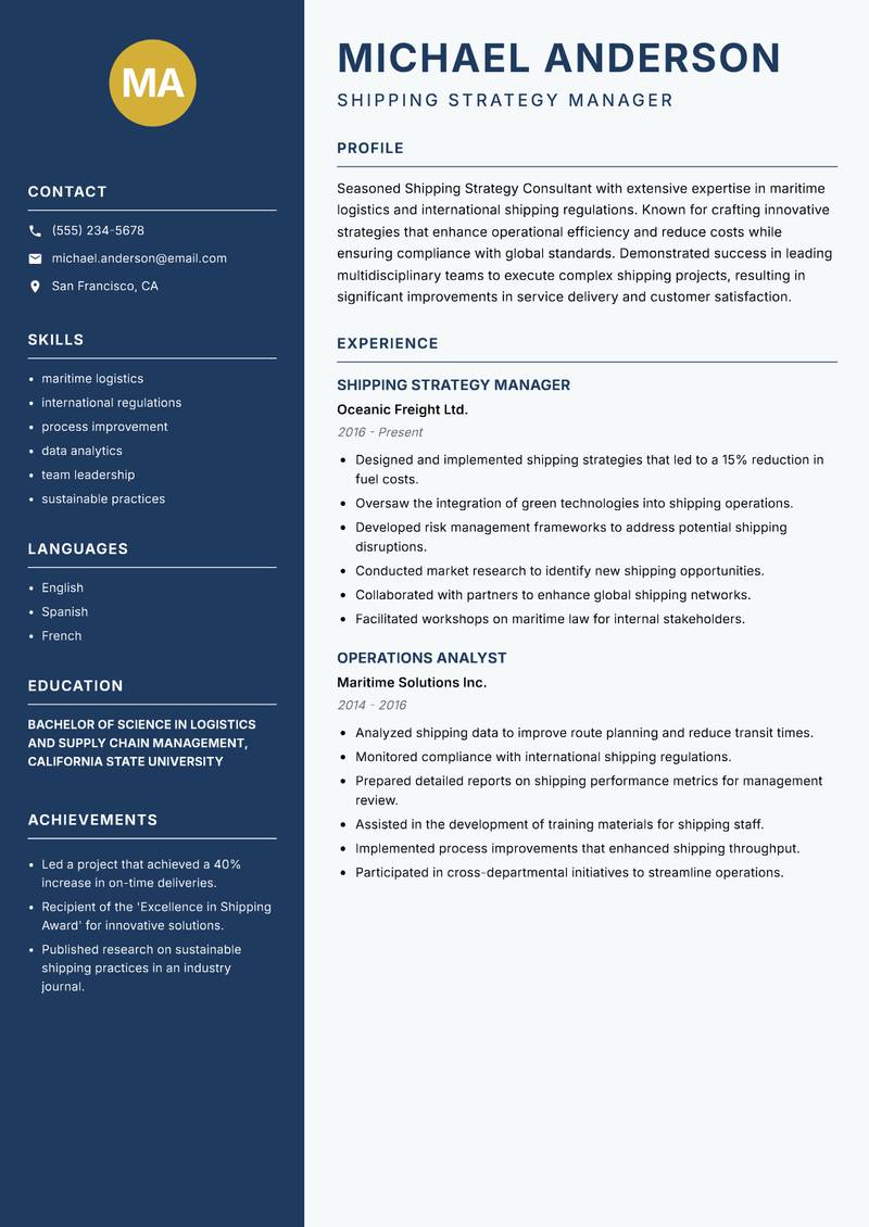 Shipping Strategy Consultant Resume Preview Example