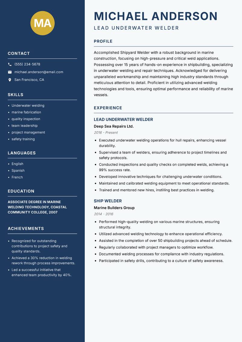 Shipyard Welder Resume Preview Example