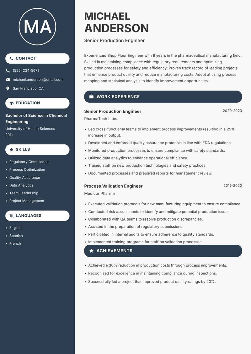Shop Floor Engineer Resume Preview Example
