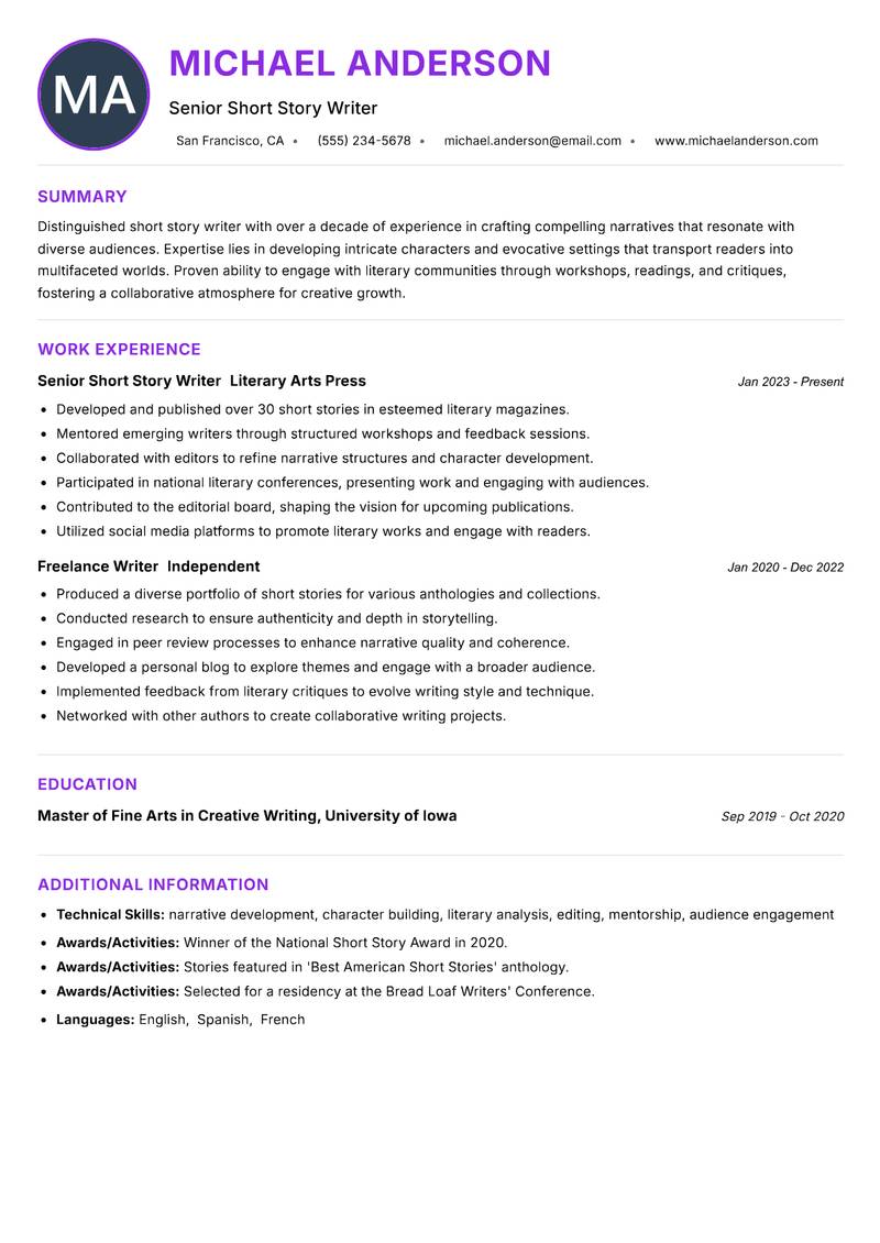 Short Story Writer Resume Preview Example