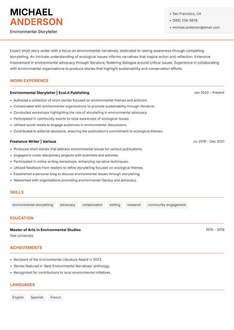 Short Story Writer Resume Template