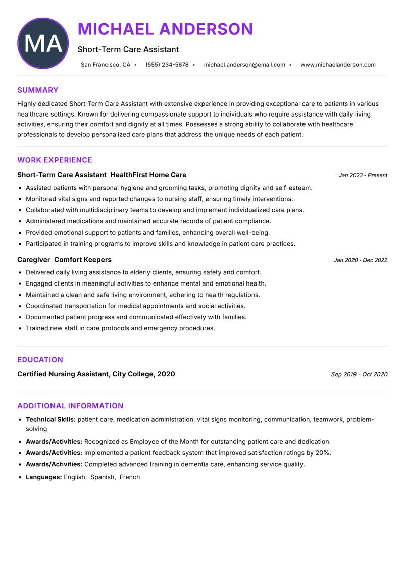 Short-Term Care Assistant Resume Preview Example
