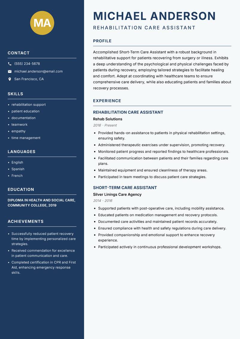 Short-Term Care Assistant Resume Preview Example