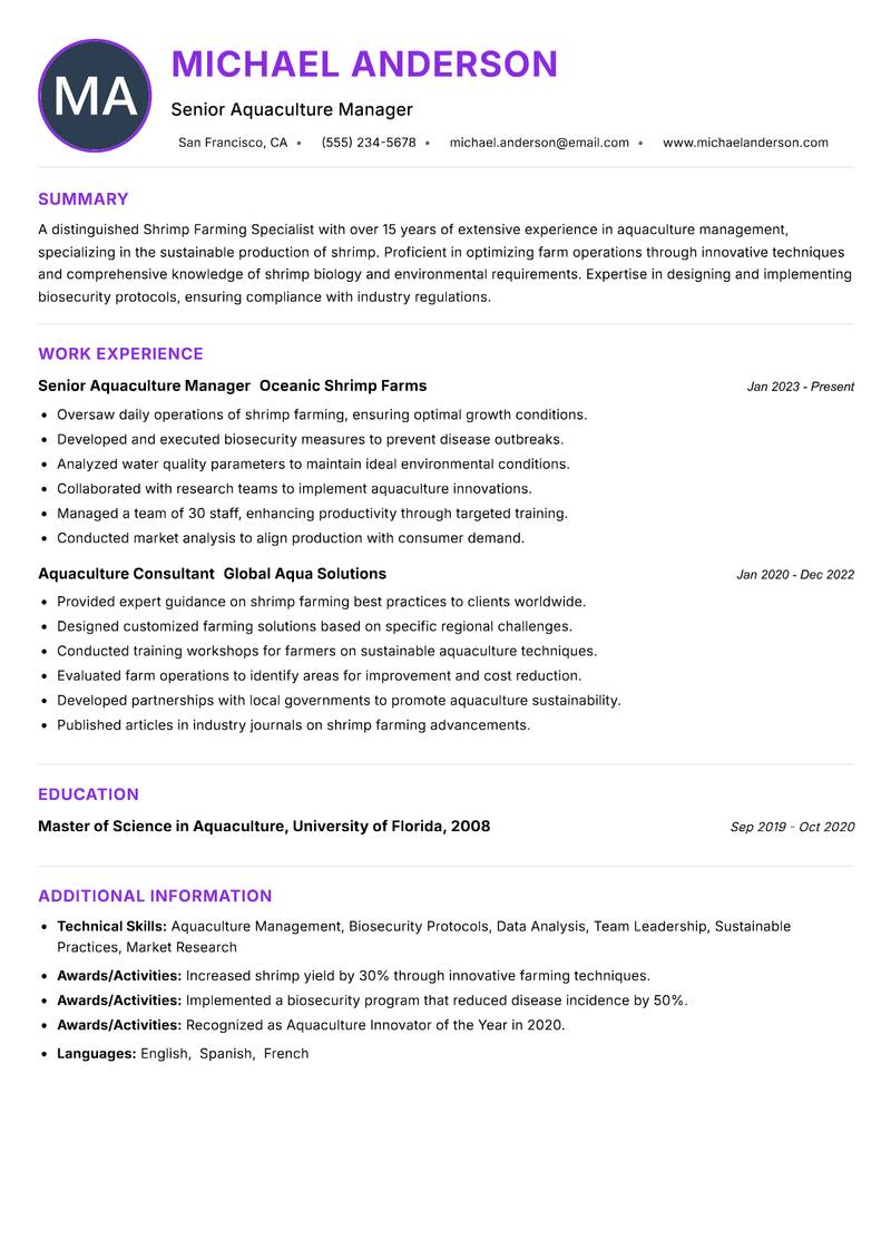 Shrimp Farming Specialist Resume Preview Example