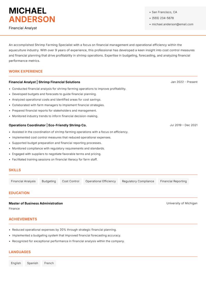 Shrimp Farming Specialist Resume Template