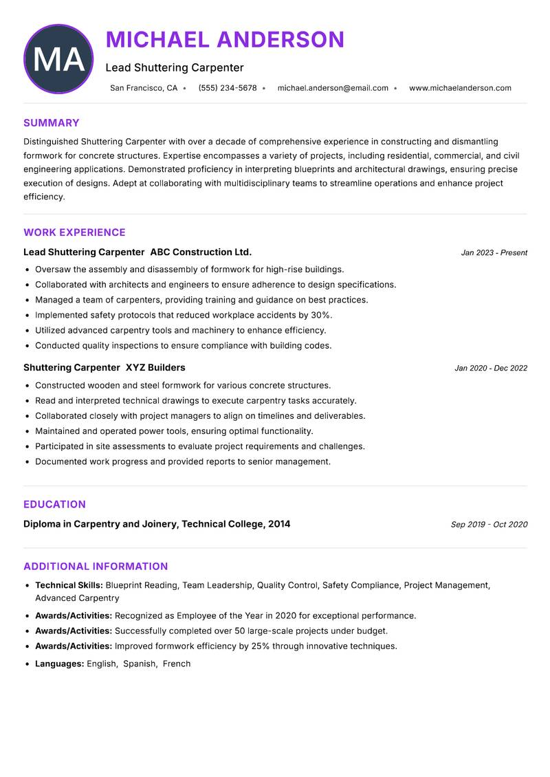 Shuttering Carpenter Resume Preview Example