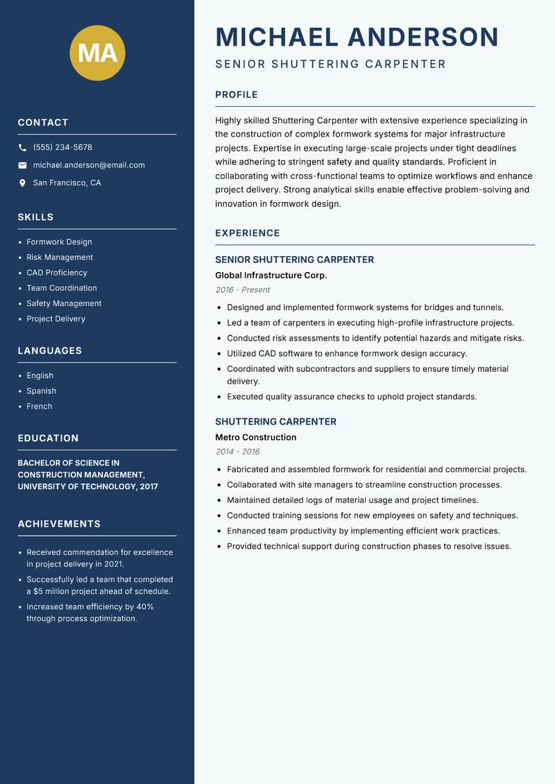 Shuttering Carpenter Resume Preview Example