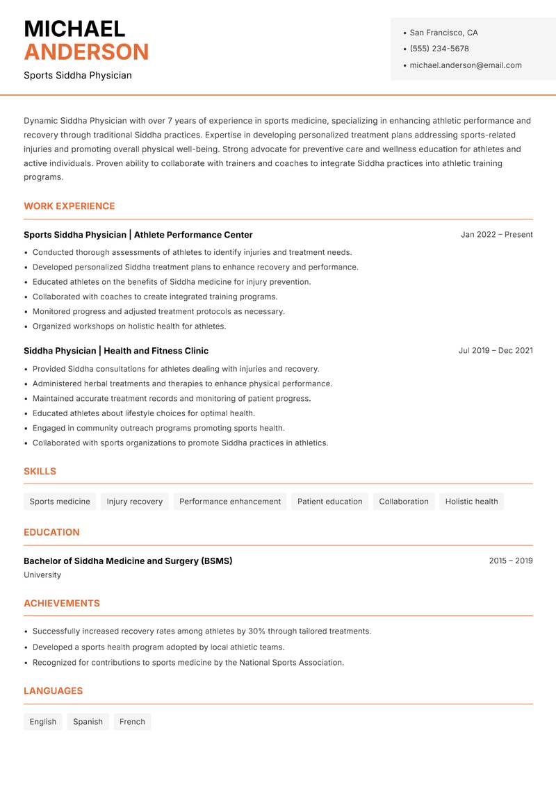 Siddha Physician Resume Template