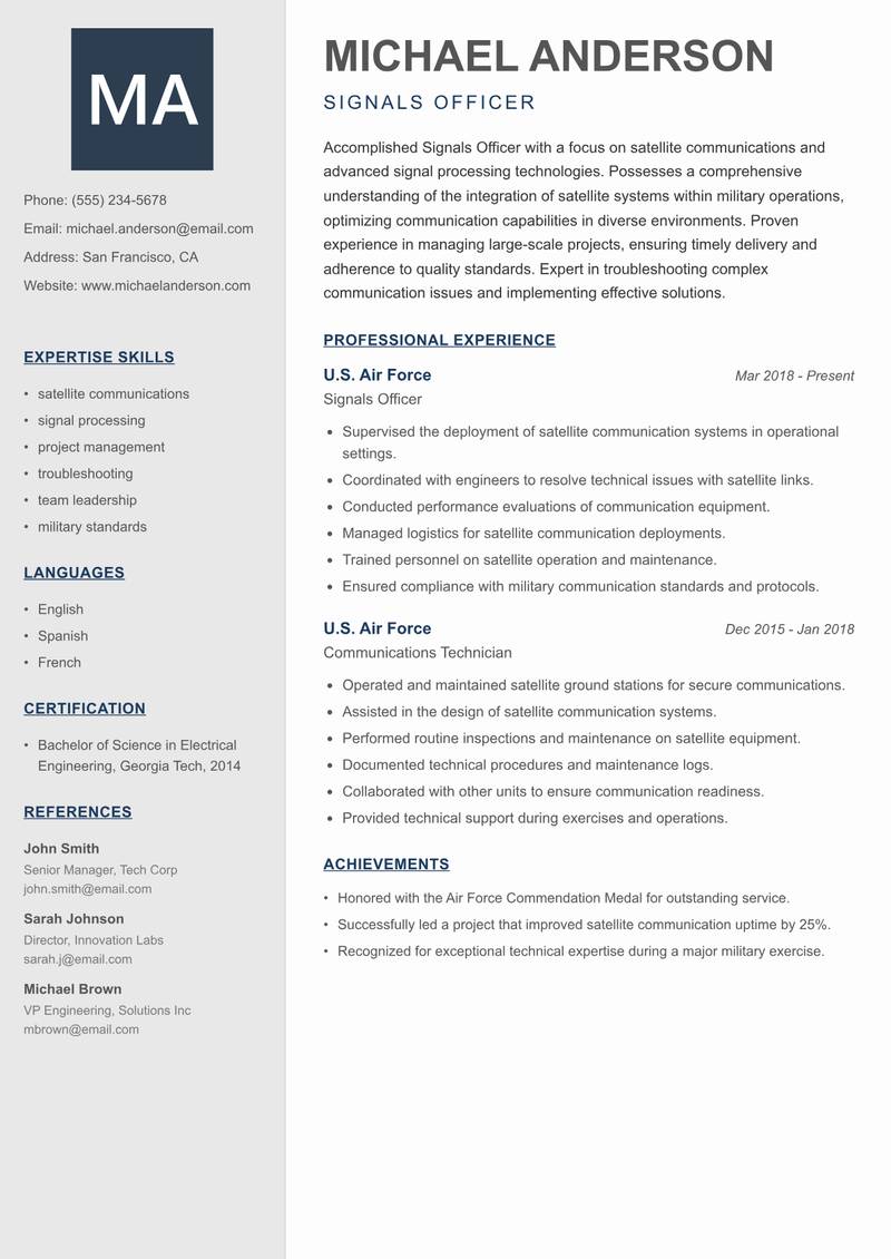 Signals Officer Resume Preview Example