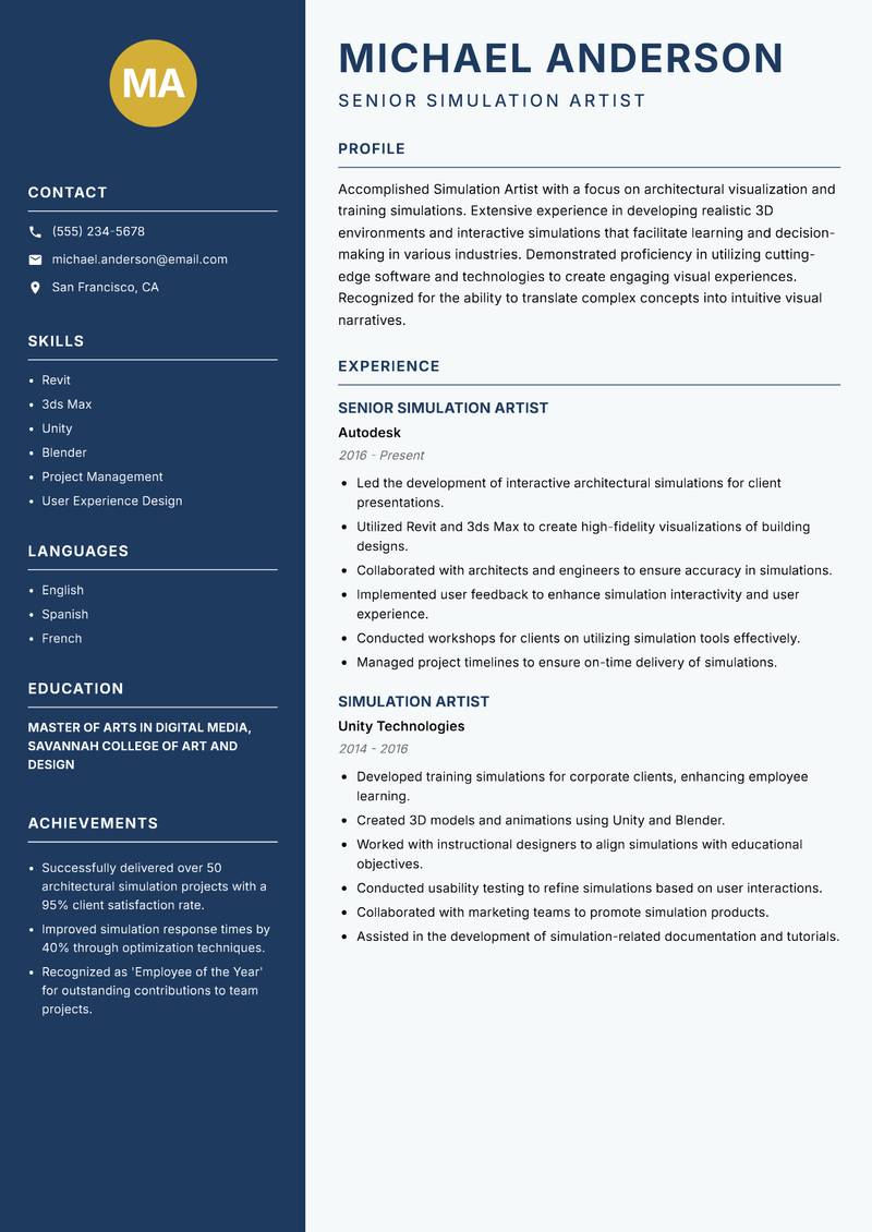 Simulation Artist Resume Preview Example