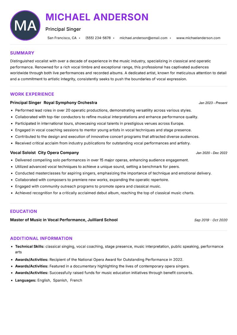 Singer Resume Preview Example