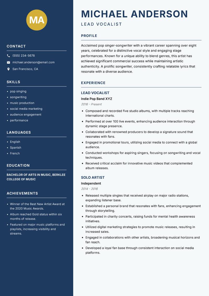 Singer Resume Preview Example