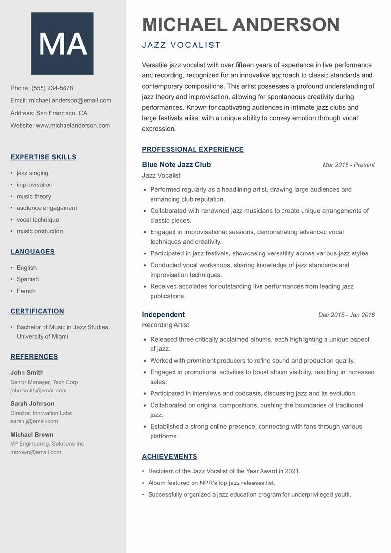 Singer Resume Preview Example
