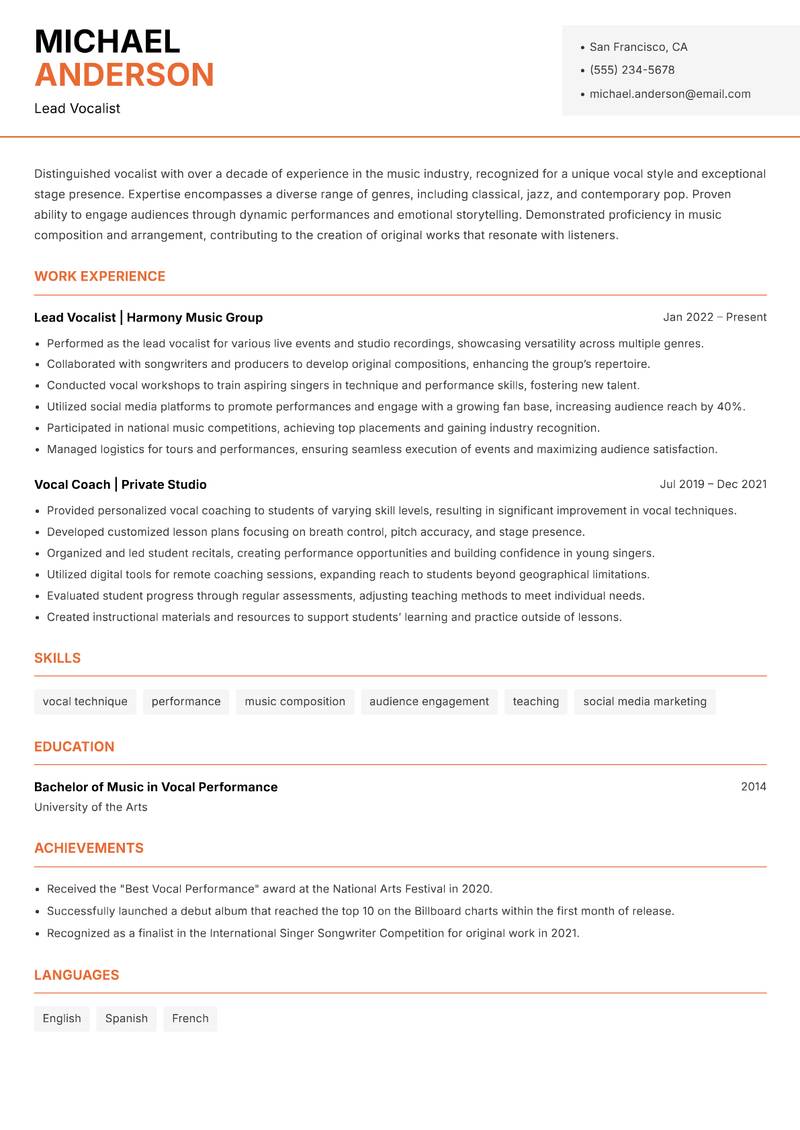 Singer Resume Template
