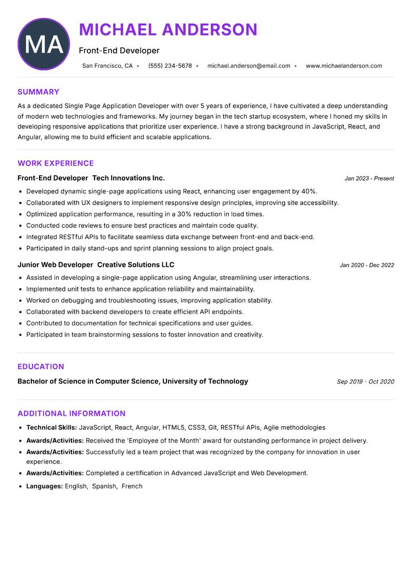 Single Page Application Developer Resume Preview Example