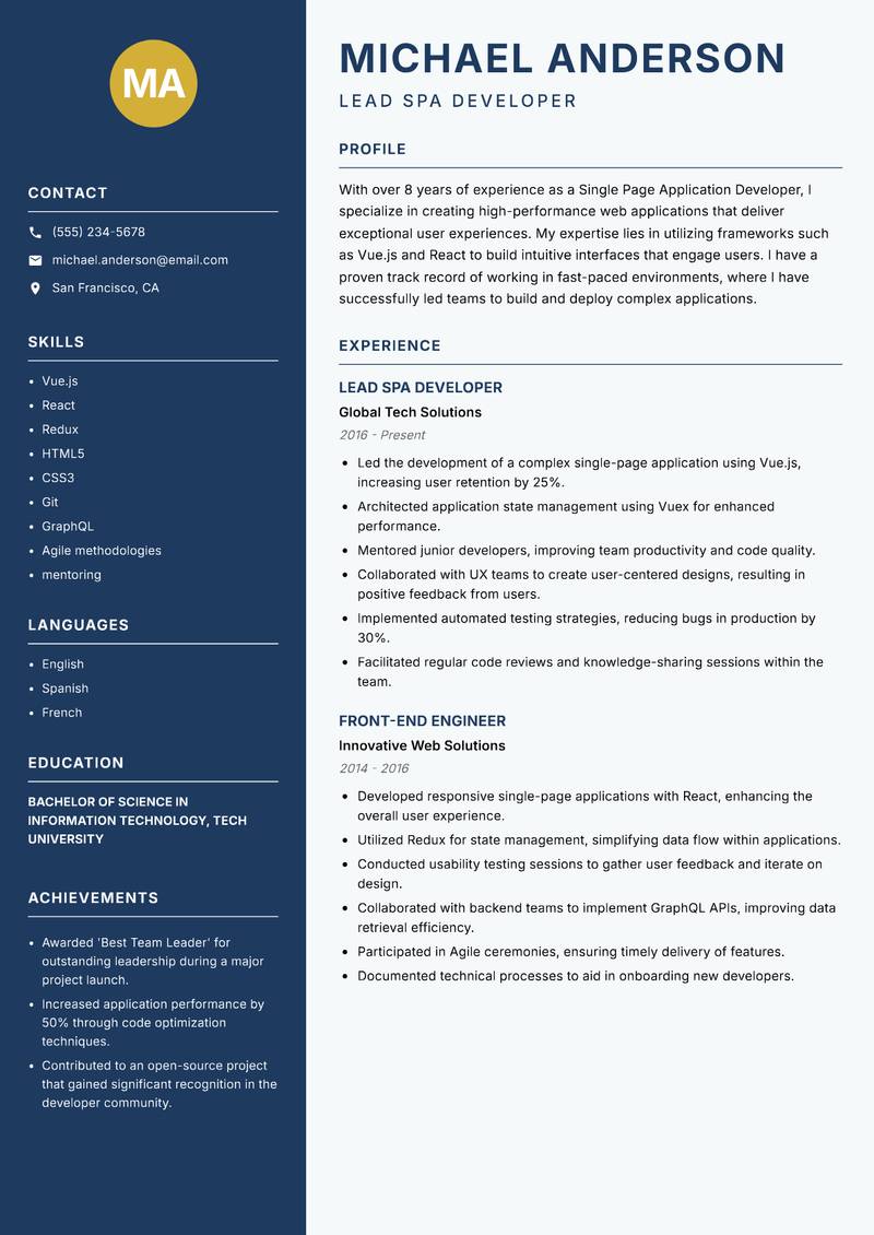 Single Page Application Developer Resume Preview Example