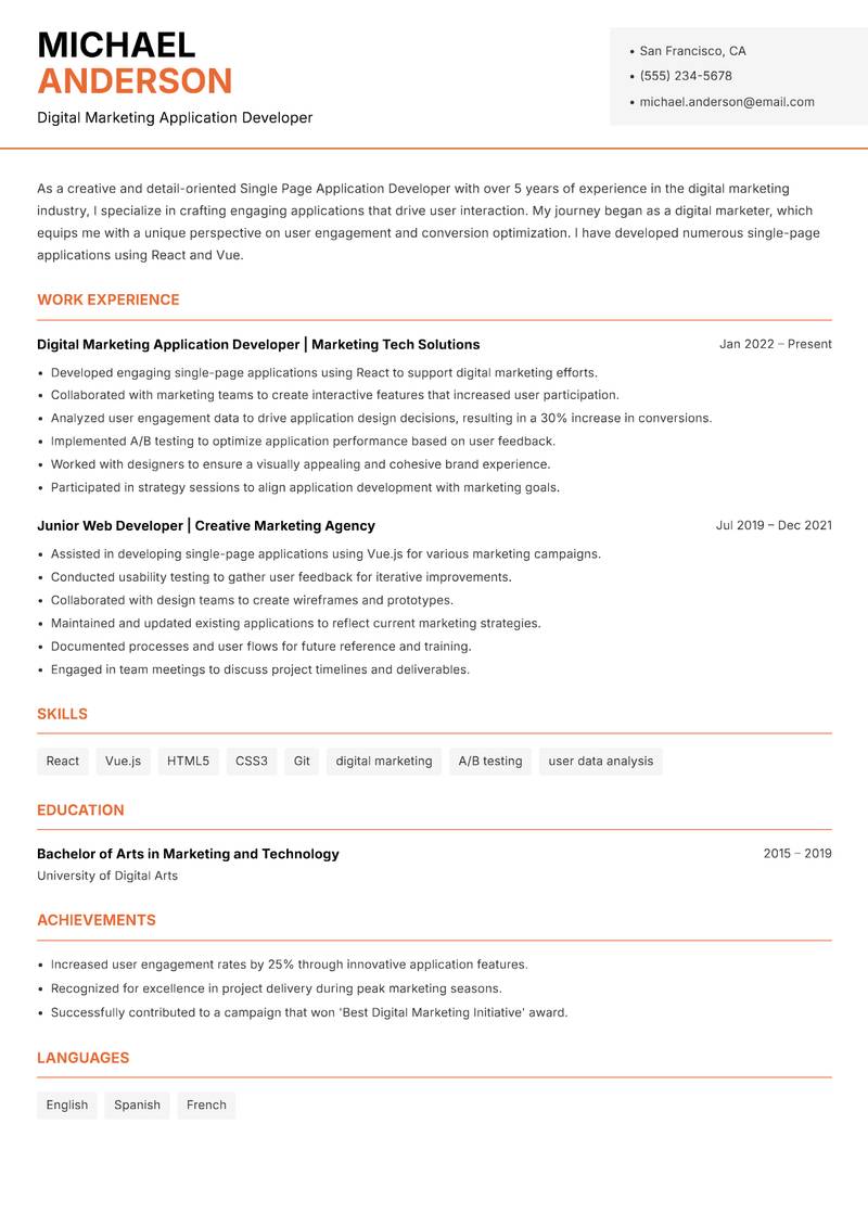 Single Page Application Developer Resume Template