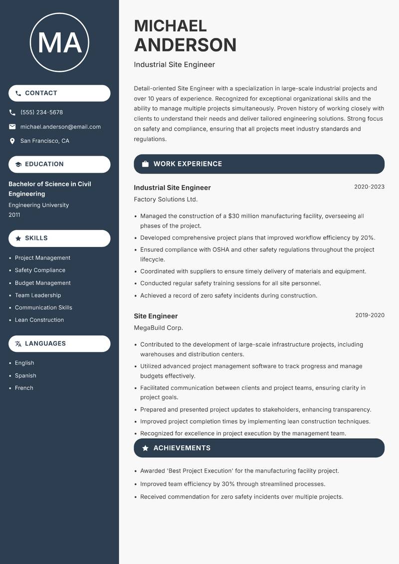 Site Engineer Resume Preview Example