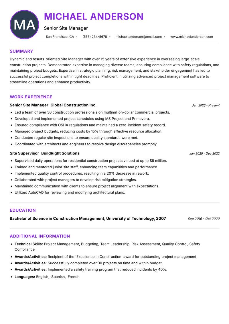 Site Manager Resume Preview Example