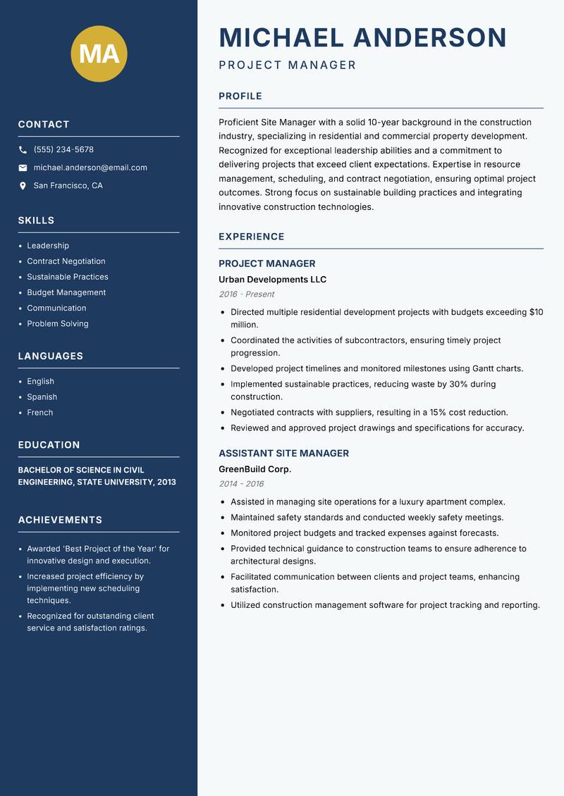 Site Manager Resume Preview Example