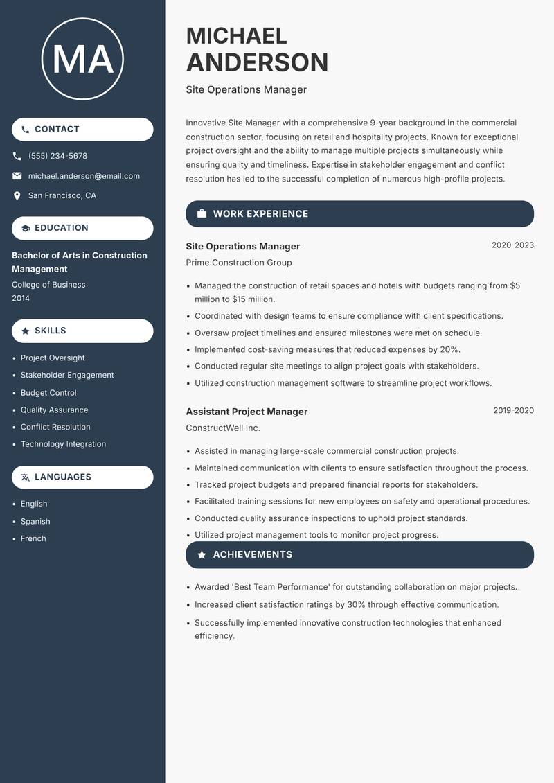 Site Manager Resume Preview Example